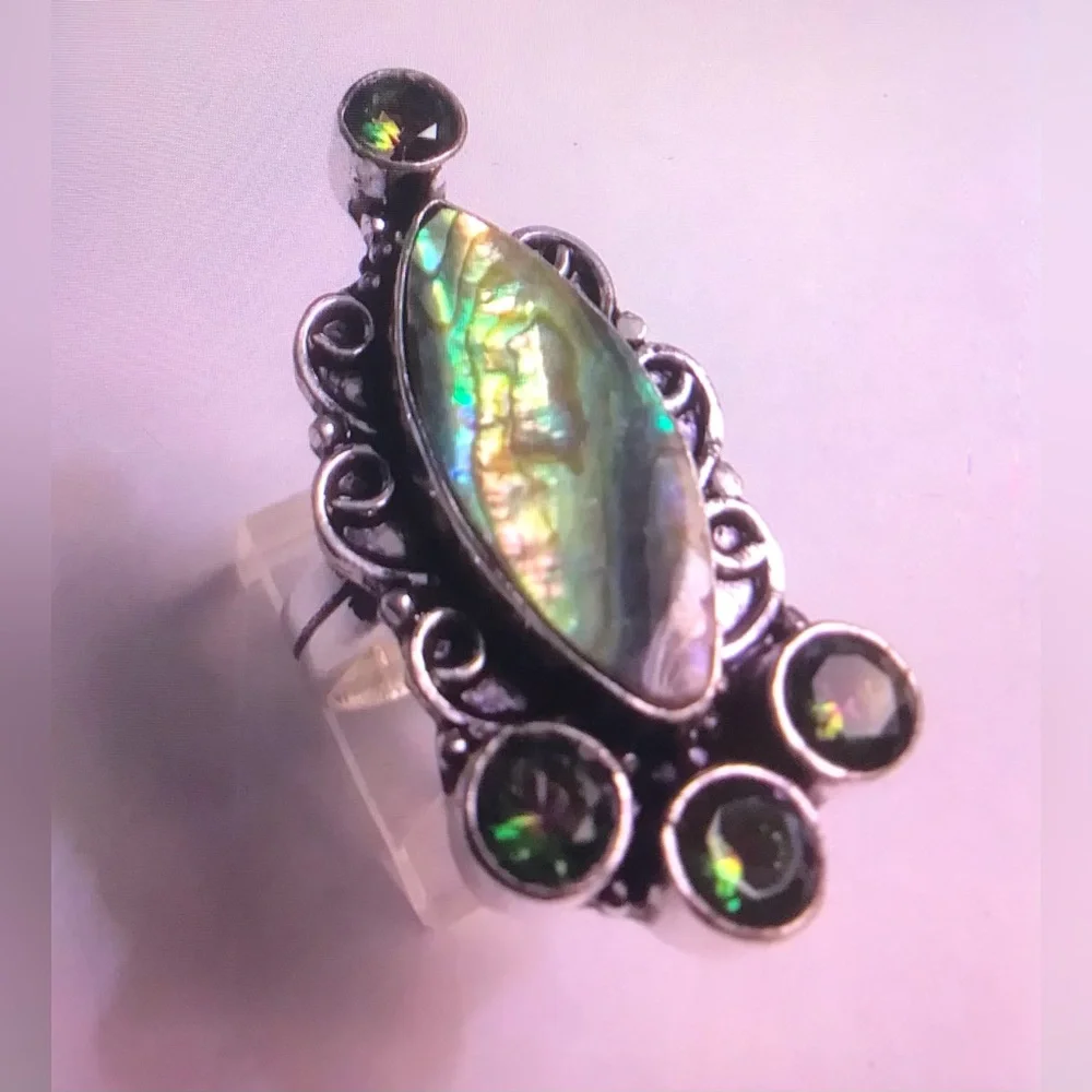 Abalone Mystic Topaz Stamped 925 Sterling Silver Ring